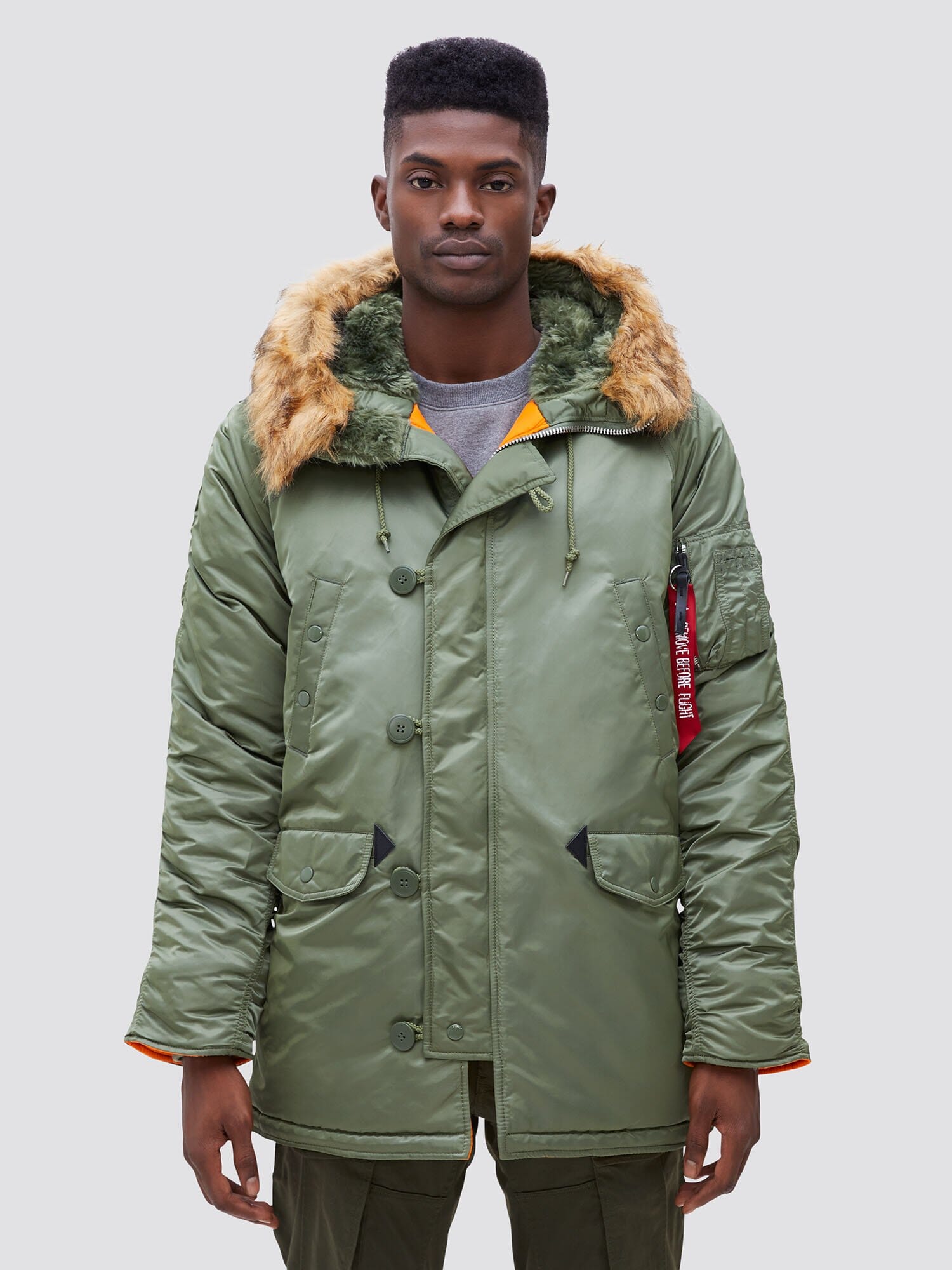 Alpha Industries N-3B Slim Gen I Parka, Sage, water resistant, faux fur-lined hood.