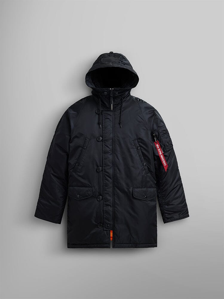 Alpha Industries N-3B Slim Fit Parka, black, front button closures, side pockets, MA-1 red sleeve tag.