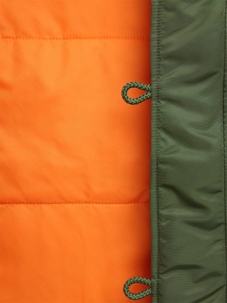 N-3B Slim Fit Parka, Alpha Industries, orange quilted fabric, green padded material, green braided loops.