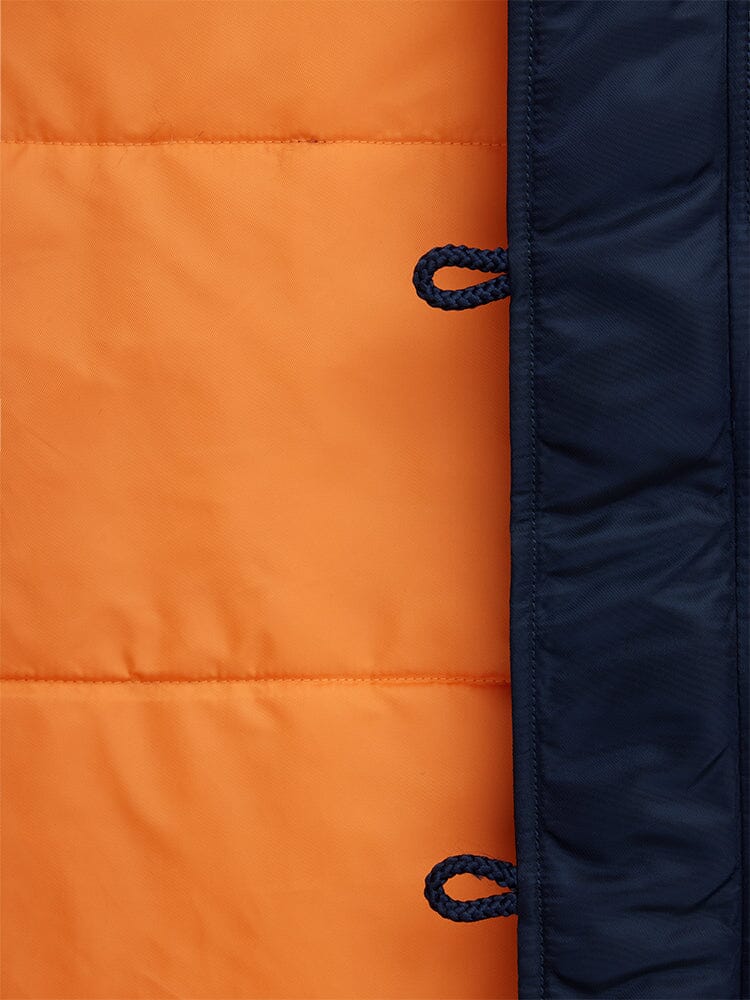 Alpha Industries N-3B Slim Fit Parka, orange quilted fabric with dark blue edge, rope loops, water-resistant.