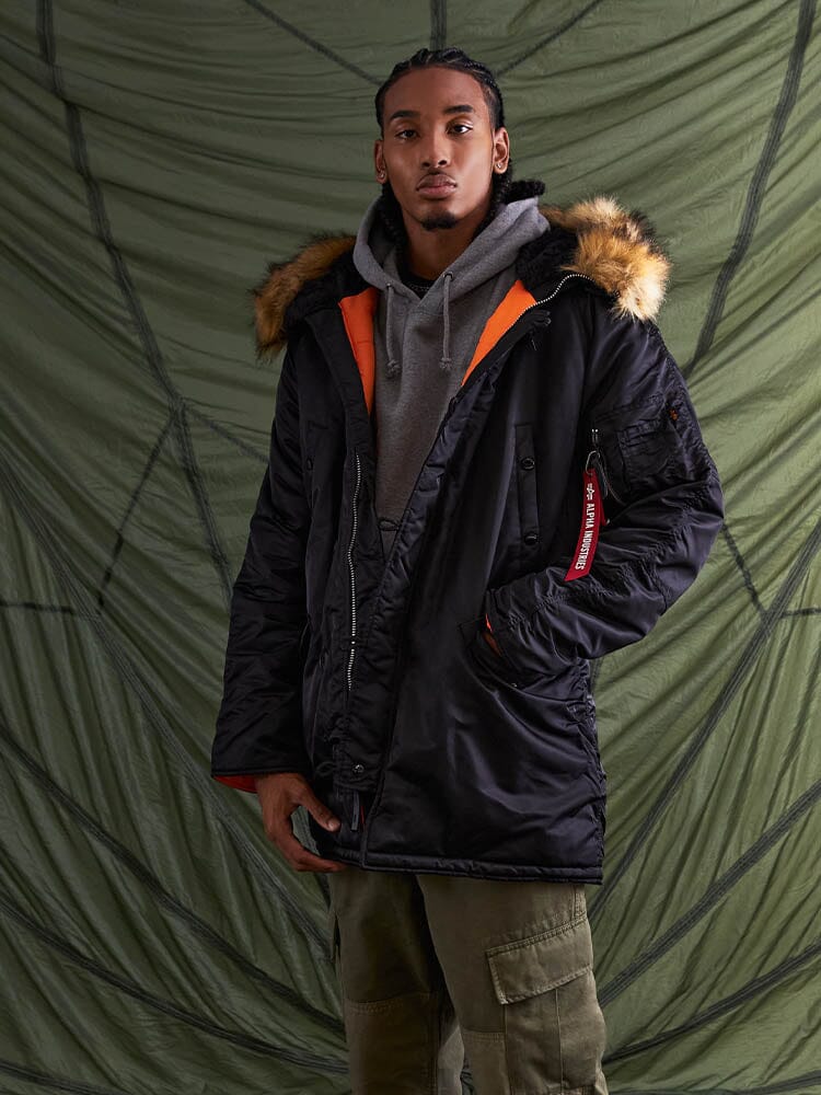 N-3B Slim Fit Parka by Alpha Industries, black, water-resistant, fur hood.