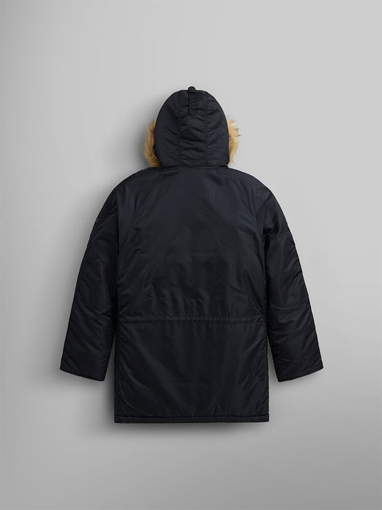 N-3B Slim Fit Parka by Alpha Industries, black, faux fur trim, water-resistant finish.