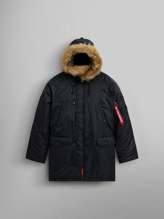 Alpha Industries N-3B Slim Fit Parka, black, fur-lined hood, front buttons, red sleeve tag.