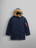 Alpha Industries N-3B Slim Fit Parka, Replica Blue, faux fur-lined hood, water resistant fabric, front buttons, flap pockets, red sleeve tag.
