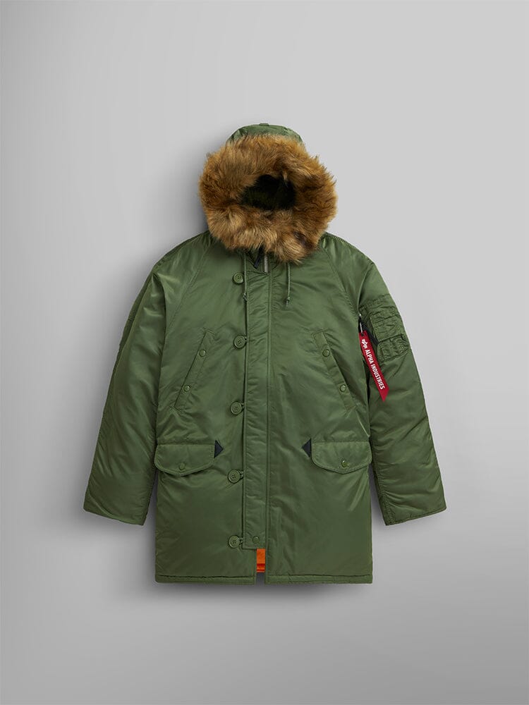 Alpha Industries N-3B Slim Fit Parka in Sage, fur-lined hood, front buttons, large pockets, red Remove Before Flight tag on left sleeve, water resistant.