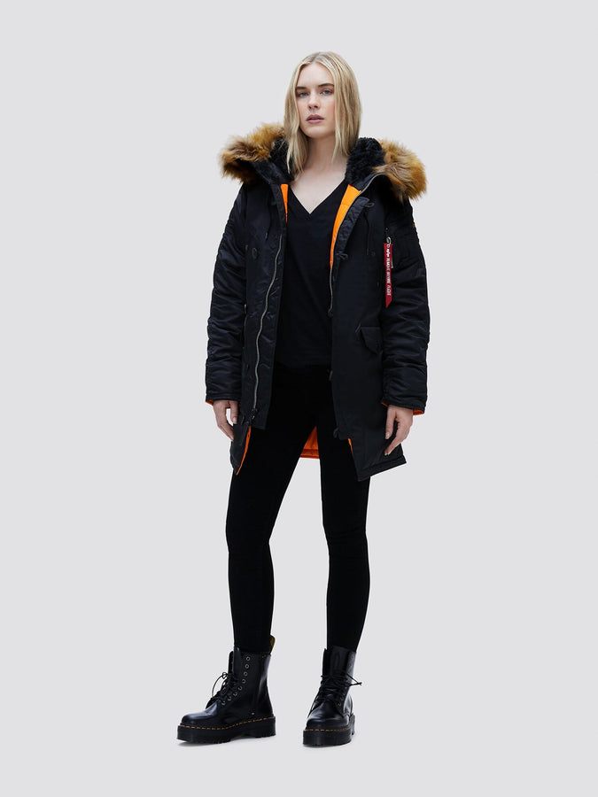 Alpha Industries N-3b Womens Parka, Black, Fur-Lined Snorkel Hood.