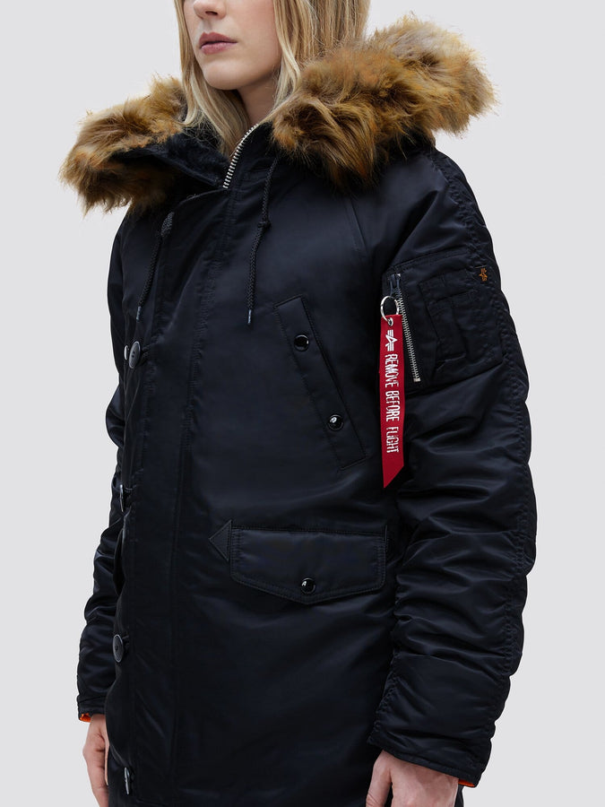 Alpha Industries N-3B Womens Parka, black, snorkel hood, fur trim, red Remove Before Flight tag on sleeve.