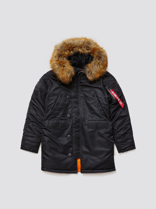 Alpha Industries N-3b Womens Parka, black, fur-lined snorkel hood, utility pockets, button and zipper closure, red sleeve tag.
