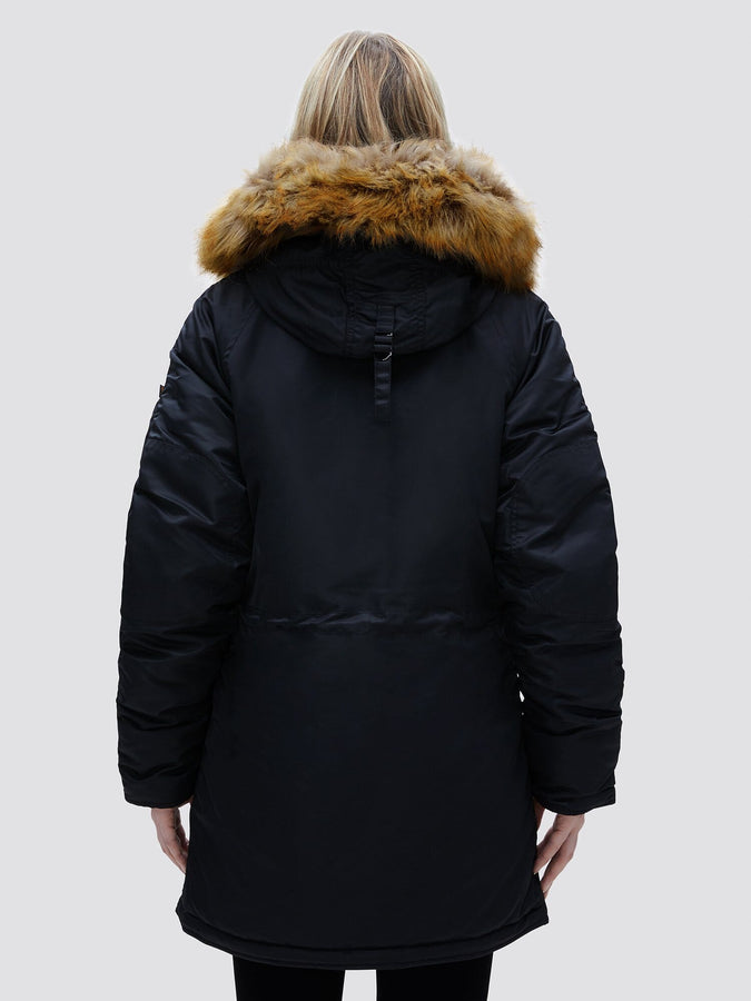 Alpha Industries N-3B Womens Parka, black design, fur-lined snorkel hood.