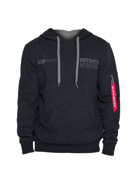 This New England Patriots x Alpha Industries x New Era Hoodie by Alpha Industries showcases "Patriots AFC East Division" text, a handy front pocket, and a unique red Alpha Industries tag on the sleeve in black.