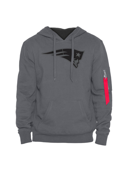 The New England Patriots X Alpha X New Era Hoodie by Alpha Industries in gray features a stylized logo on the chest and a zippered pocket on the sleeve, complete with a signature red tag.
