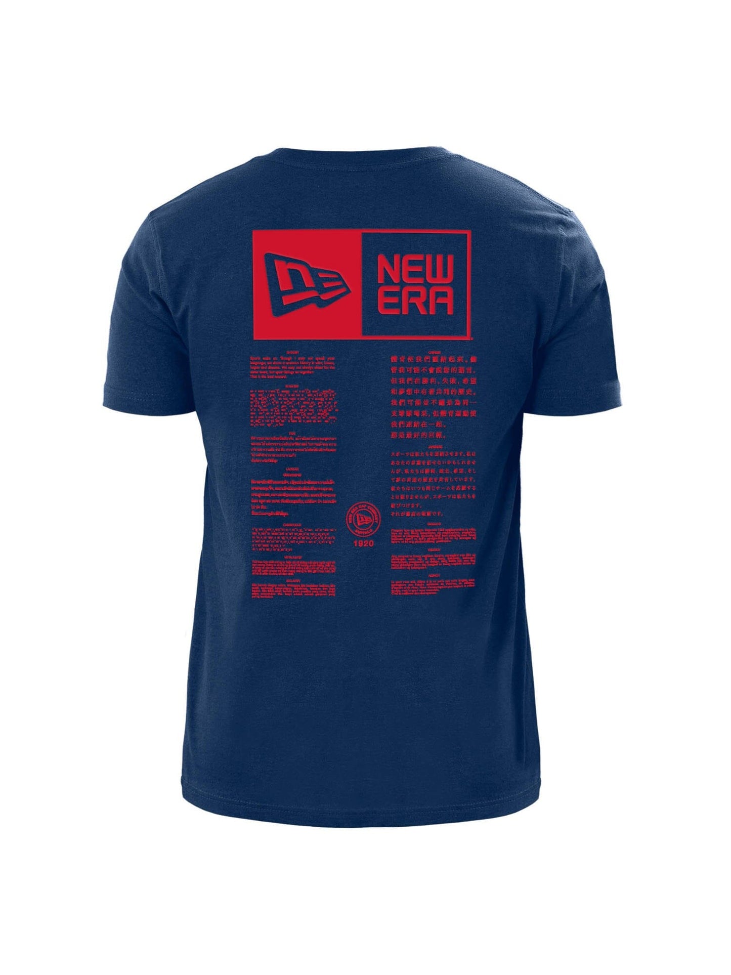 Back view of the New England Patriots x Alpha x New Era T-Shirt in navy blue, showcasing red text and team graphics, with an Alpha Industries / NE-NFL logo on the back.