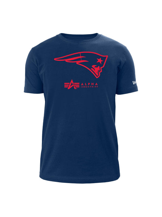 Blue New England Patriots X Alpha X New Era T-Shirt featuring a red, stylized team logo of a head with a star and the Alpha Industries text below.