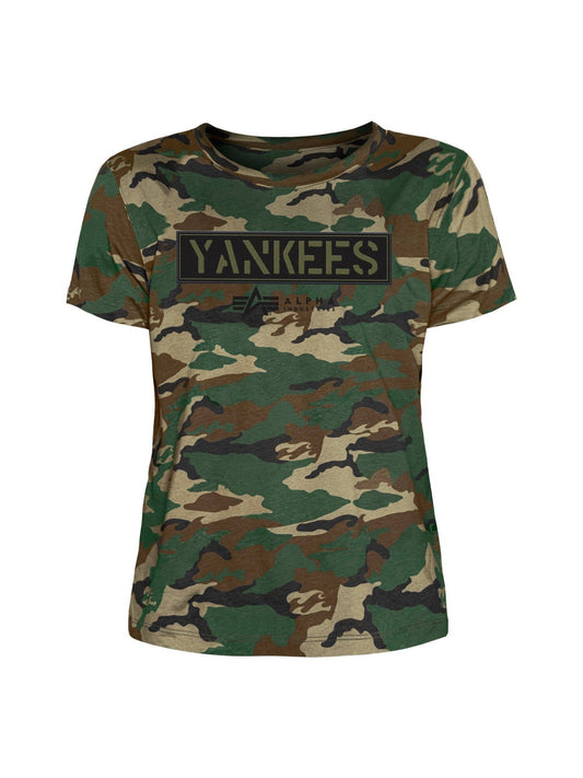 Womens New York Yankees X Alpha X New Era Camo T-Shirt by Alpha Industries, camo short-sleeve tee with black YANKEES and ALPHA twill applique screenprint on front.