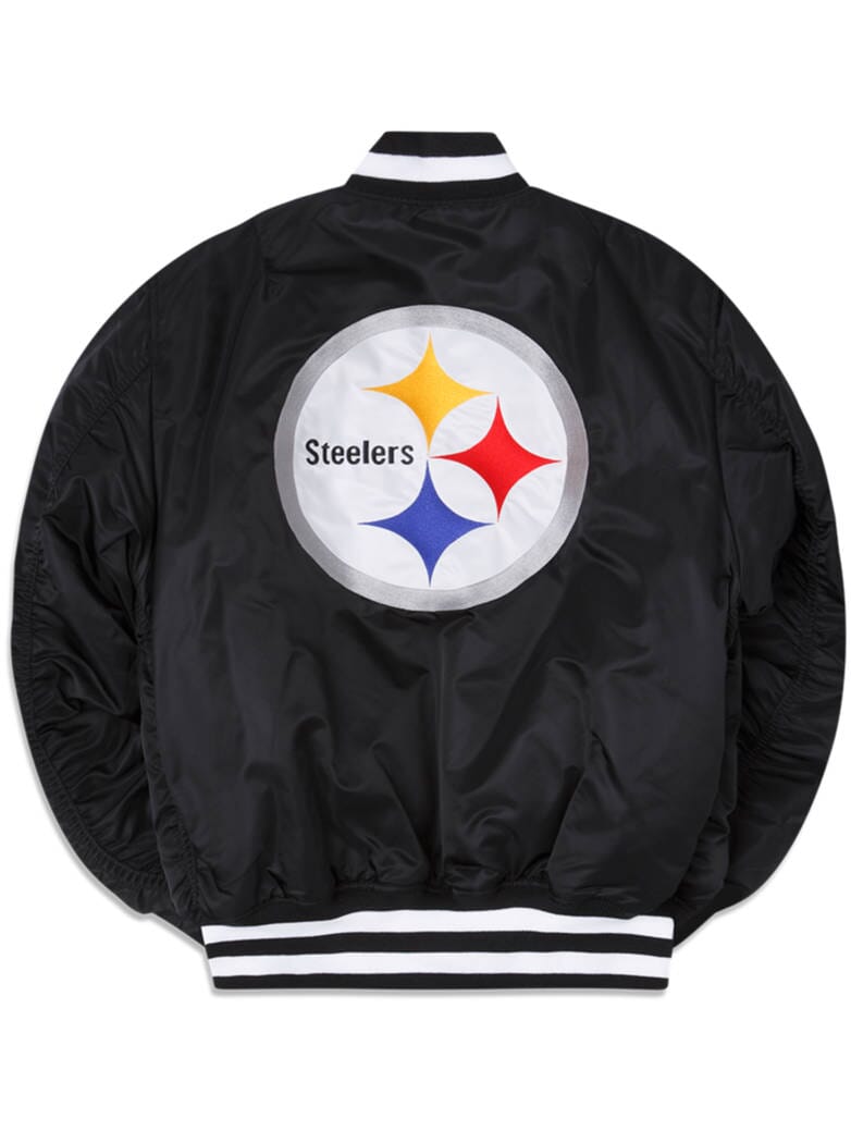 Pittsburgh Steelers X Alpha X New Era MA-1 Bomber Jacket by Alpha Industries, showcasing a reversible design with a Steelers logo on the back, adorned with three colored stars inside a circle.