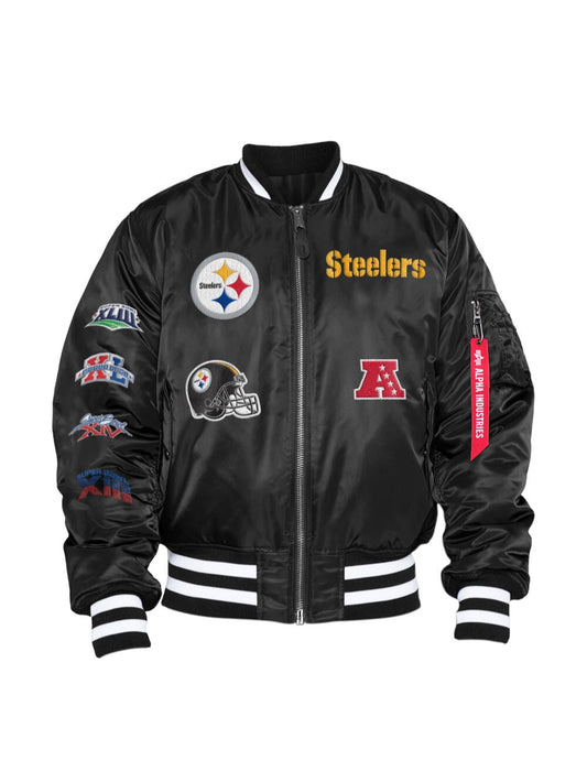 The Pittsburgh Steelers x Alpha x New Era MA-1 Bomber Jacket by Alpha Industries/NE-NFL is a black reversible bomber jacket featuring Steelers text, various logos, and NFL team patches such as a helmet and Super Bowl emblems on the front.