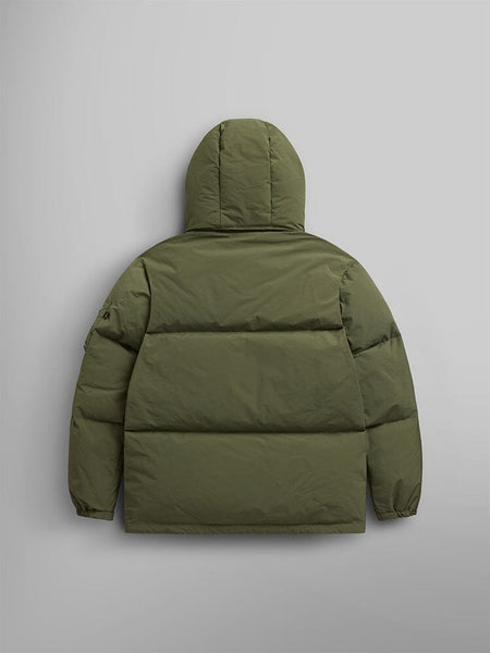 Back view of the olive green Puffer Parka by Alpha Industries, featuring a removable hood and adjustable drawcords.