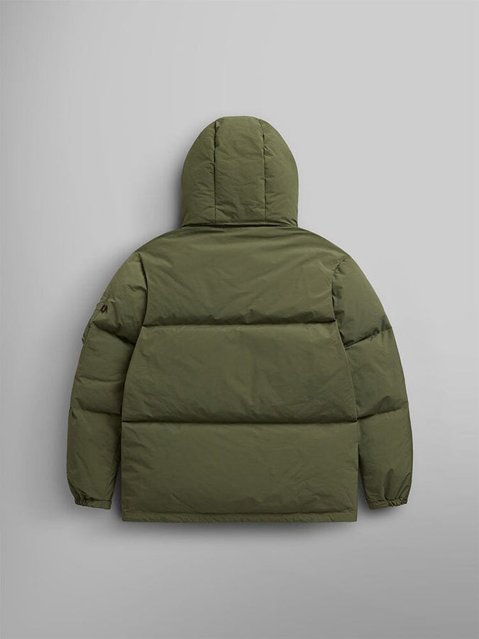 Back view of the olive green Puffer Parka by Alpha Industries, featuring a removable hood and adjustable drawcords.