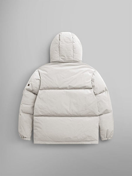 Back view of the limestone Puffer Parka by Alpha Industries, featuring a removable hood and adjustable drawcords.