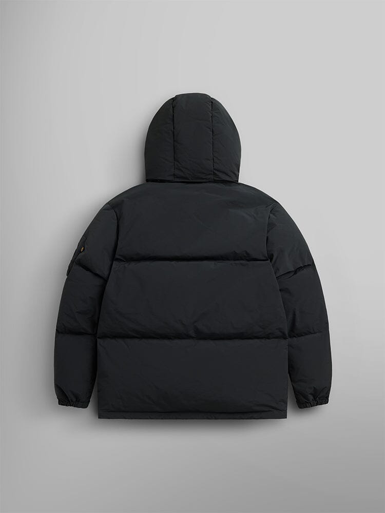 Back view of the black Puffer Parka by Alpha Industries, featuring a removable hood and adjustable drawcords.