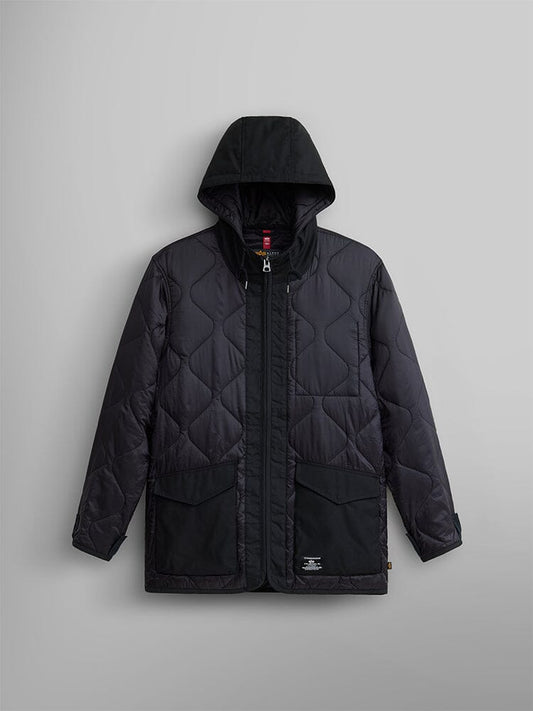 Alpha Industries Quilted Fishtail Liner in Black, onion quilting, hood, front zipper, two large front pockets, small logo patch near hem.