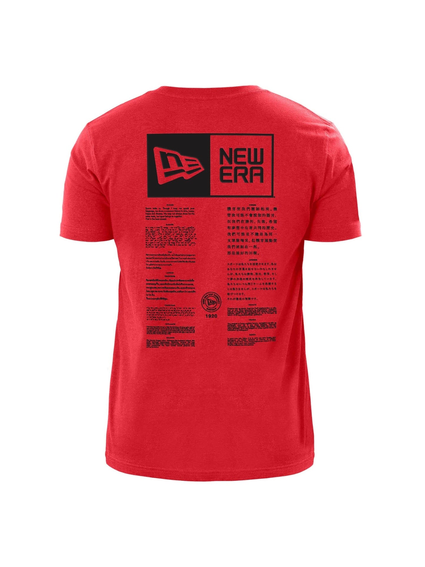 The San Francisco 49ers x Alpha x New Era T-Shirt from Alpha Industries is a red tee featuring a bold black graphic design with text, a New Era team logo in screen print, and multilingual information on the back.