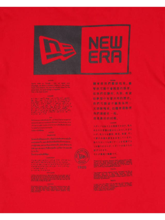 San Francisco 49ers x Alpha x New Era T-shirt by Alpha Industries in red, showcasing New Era branding and a striking screen print of multilingual instructions on the back.