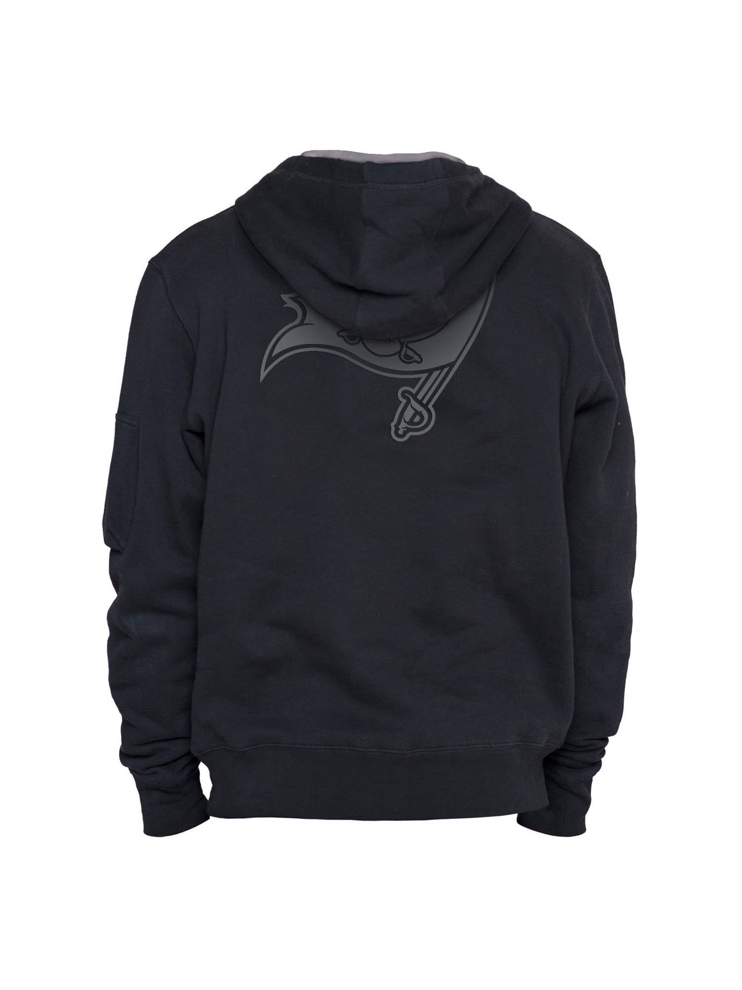 Back view of the Tampa Bay Buccaneers X Alpha Industries X New Era Hoodie in black, showcasing a stylized crow design, highlighted by the signature flight tag branding and the iconic collaboration between Alpha Industries and New Era.