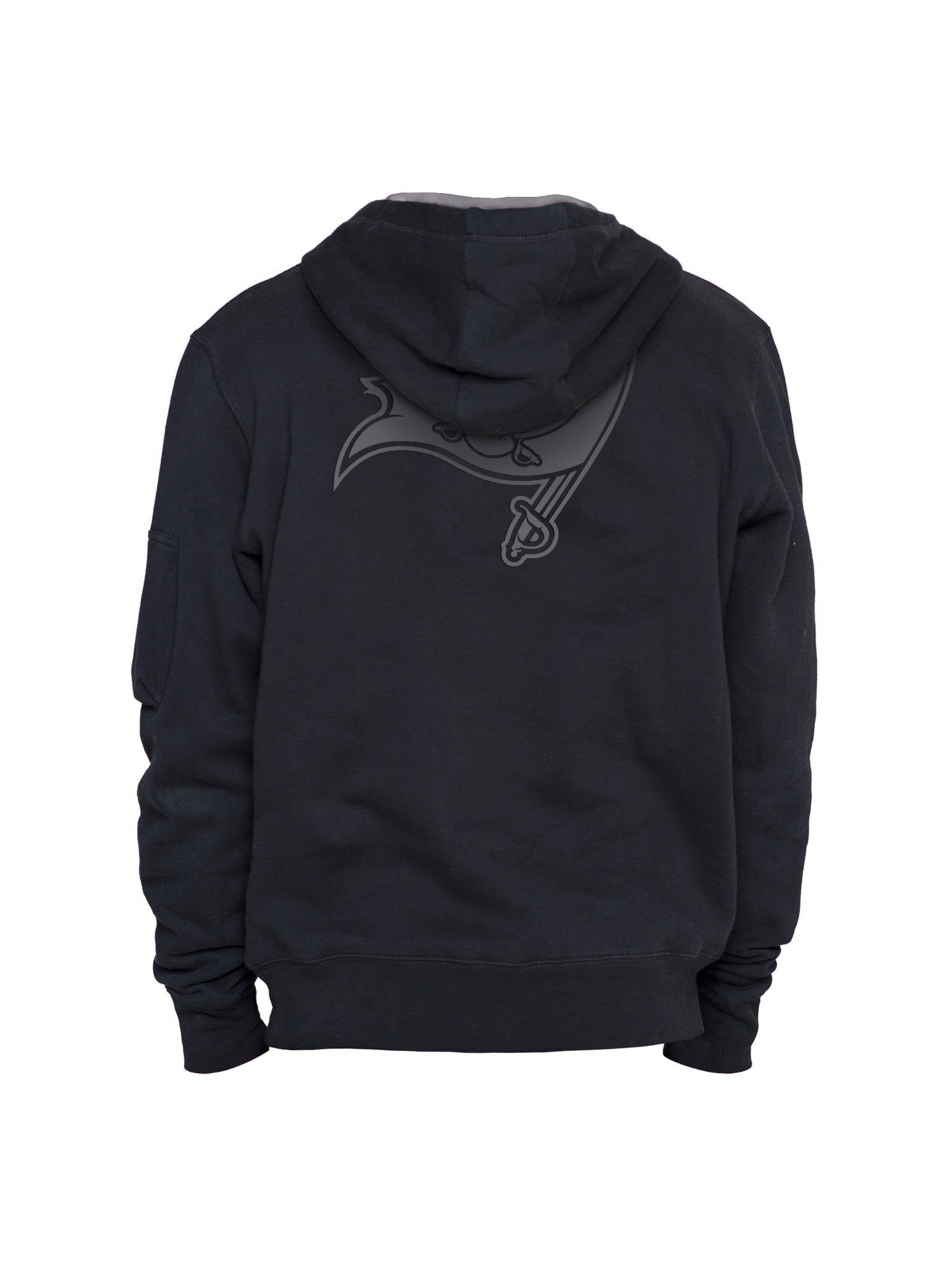 Back view of the Tampa Bay Buccaneers X Alpha Industries X New Era Hoodie in black, showcasing a stylized crow design, highlighted by the signature flight tag branding and the iconic collaboration between Alpha Industries and New Era.