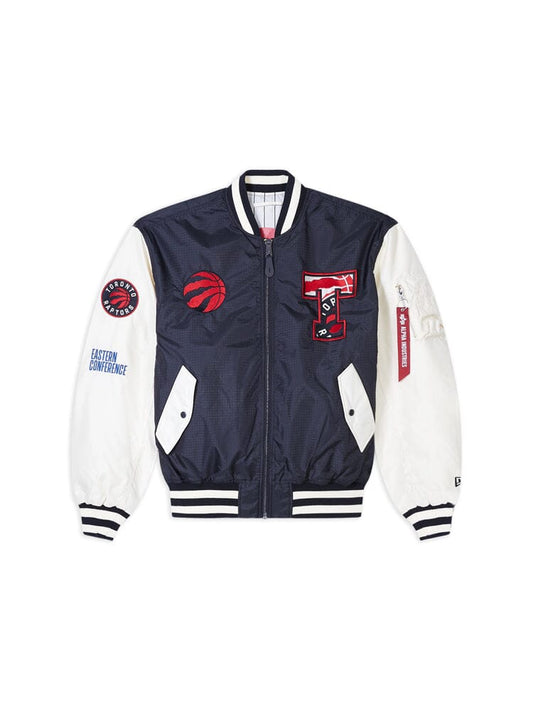 Introducing the Toronto Raptors X Alpha X New Era L-2B Bomber Jacket by Alpha Industries and NE-NBA. This stylish bomber jacket features a black body with various team patches and logos on the front, complemented by a fashionable pinstripe interior for added flair.