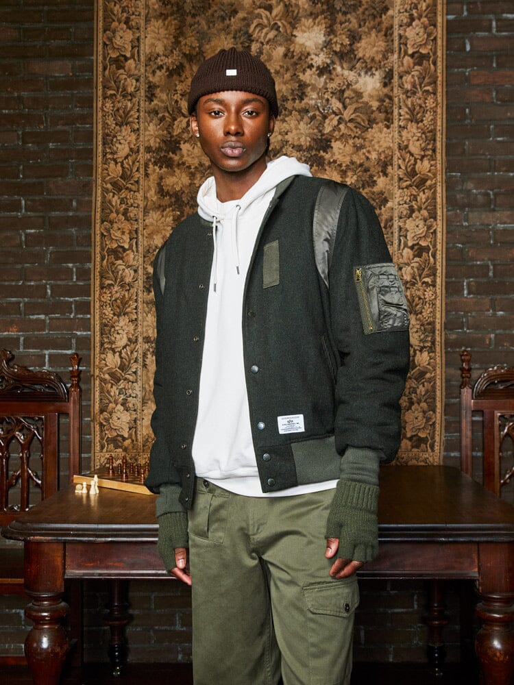 Alpha Industries Wool Varsity Bomber Jacket Gen II, brown, wool, ribbed cuffs and hem, snap button closure.