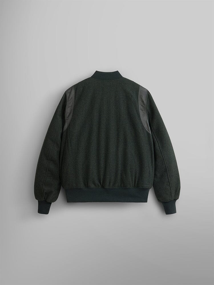 Alpha Industries Wool Varsity Bomber Jacket Gen II: Dark green with ribbed cuffs and waistband, insulated fit, leather shoulder accents, plain back.