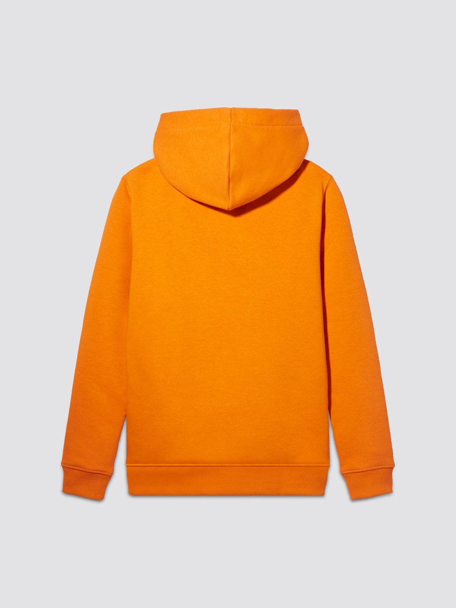 Youth Basic Hoodie Alpha Industries, orange, Alpha graphic on back.