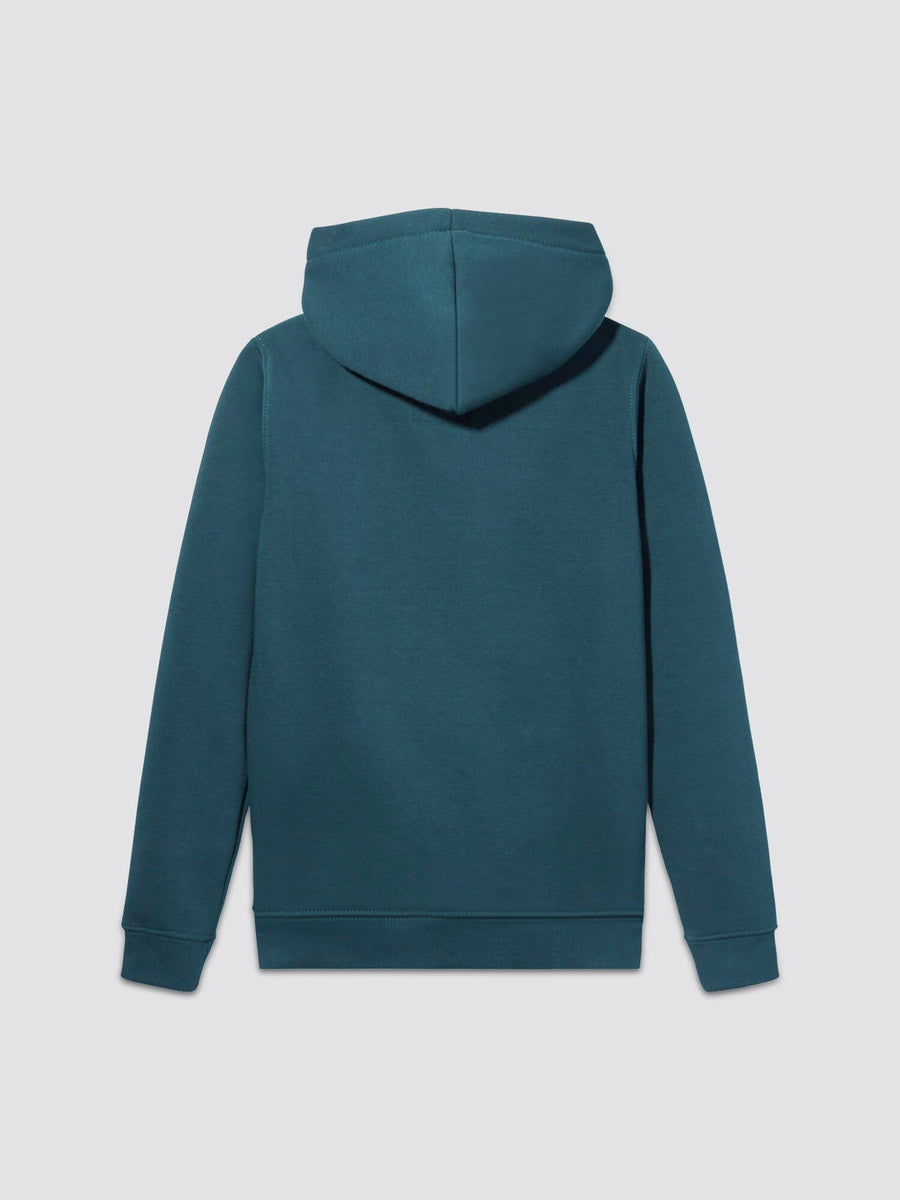 Youth Basic Hoodie by Alpha Industries in teal, long sleeves, plain design, subtle Alpha label.