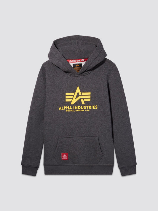 Youth Basic Hoodie by Alpha Industries, Charcoal Heather color, yellow Alpha graphic and text on front, small red patch near waistband, signature Alpha label details.