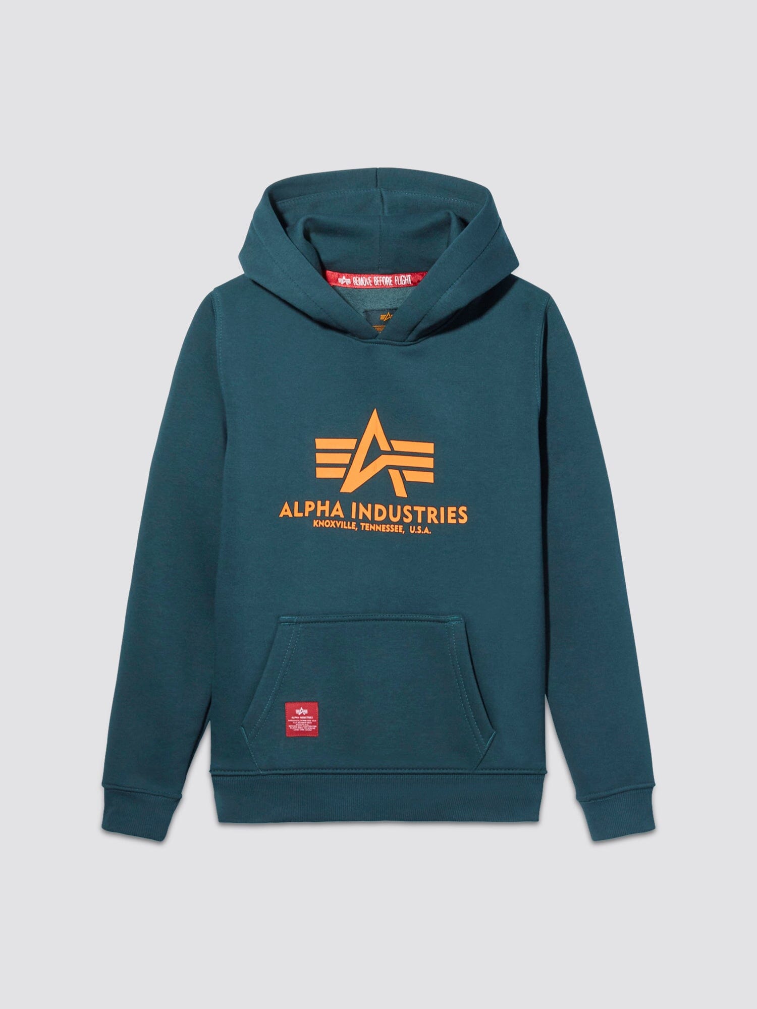 Youth Basic Hoodie by Alpha Industries, teal pullover with kangaroo pocket and yellow Alpha Industries text and logo on front.
