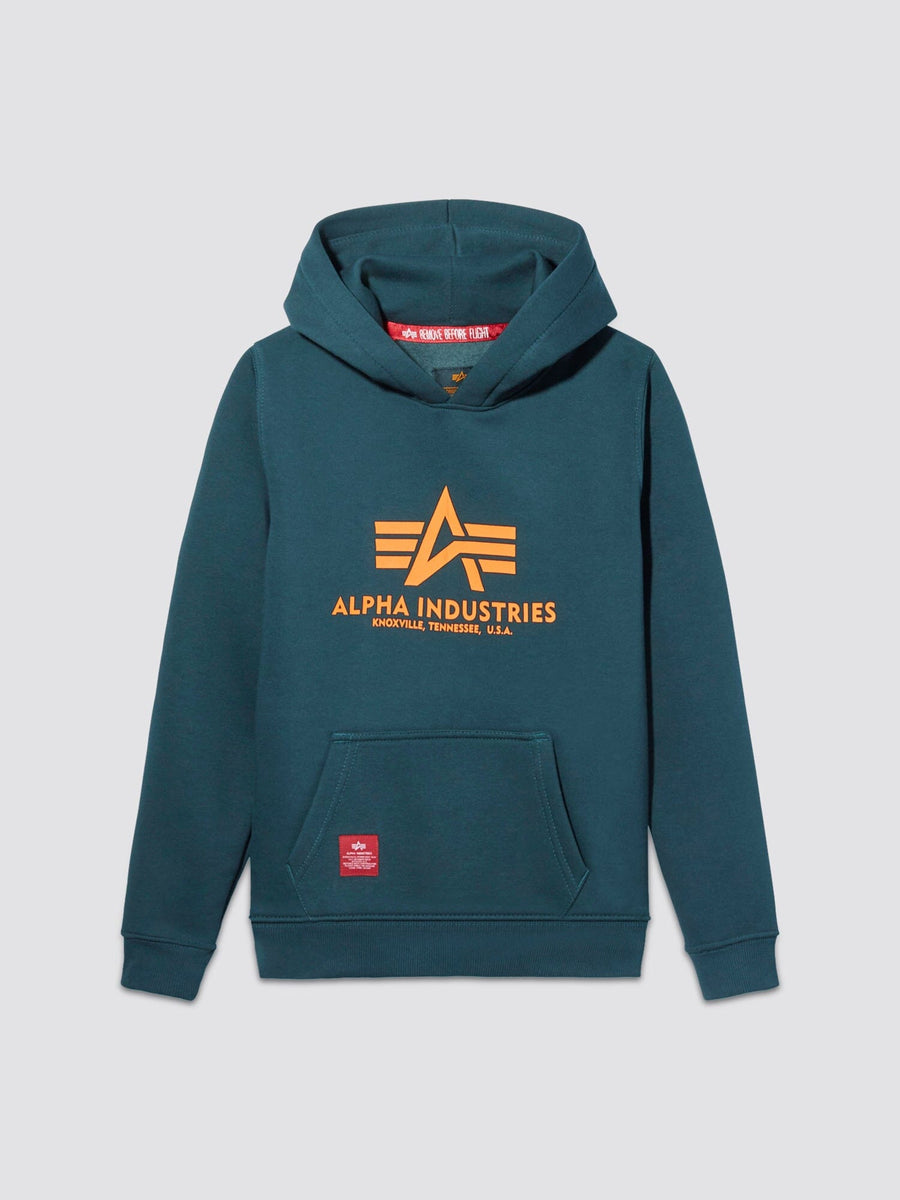Youth Basic Hoodie by Alpha Industries, teal pullover with kangaroo pocket and yellow Alpha Industries text and logo on front.