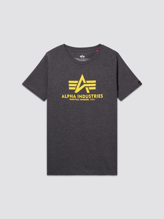 Alpha Industries Youth Basic Tee, charcoal heather, yellow flag logo and text on front, cotton.