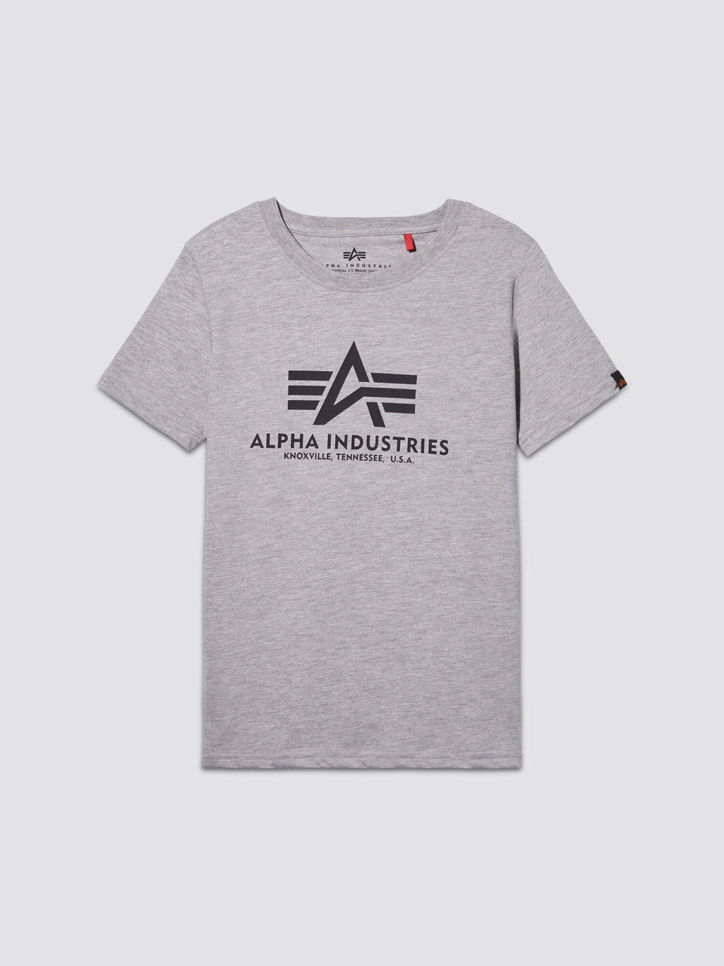 Youth Basic Tee by Alpha Industries, gray heather cotton short-sleeve shirt with Alpha Industries flag logo and Knoxville, Tennessee, U.S.A. printed in black on front.