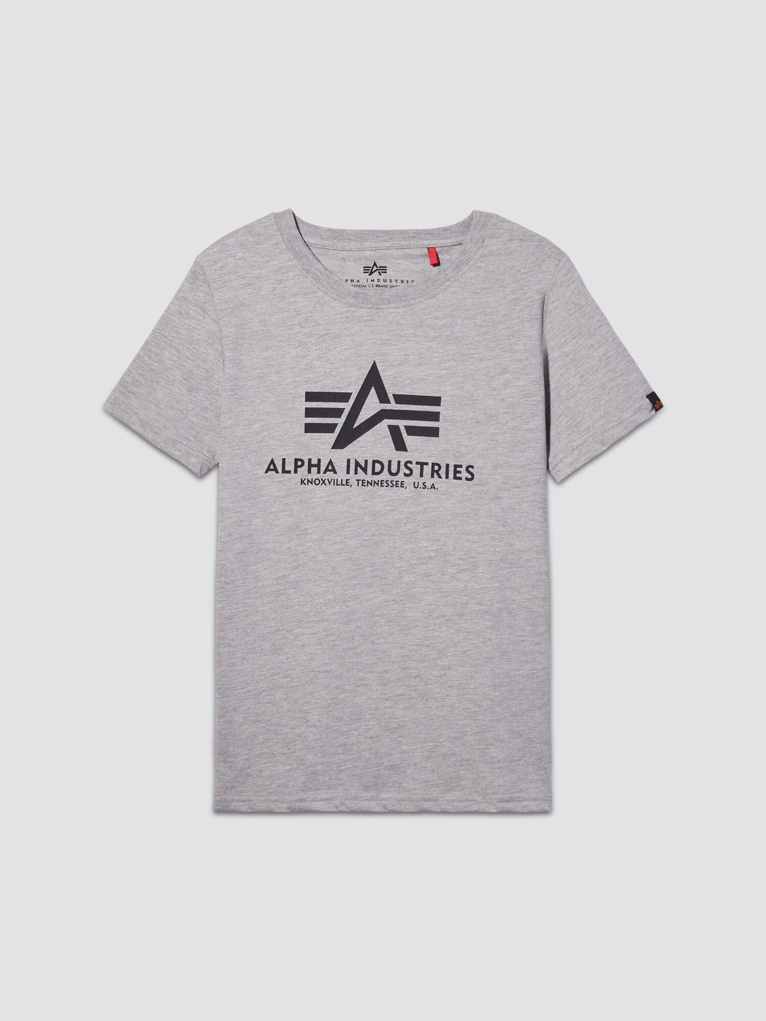 Youth Basic Tee by Alpha Industries, gray heather cotton short-sleeve shirt with Alpha Industries flag logo and Knoxville, Tennessee, U.S.A. printed in black on front.
