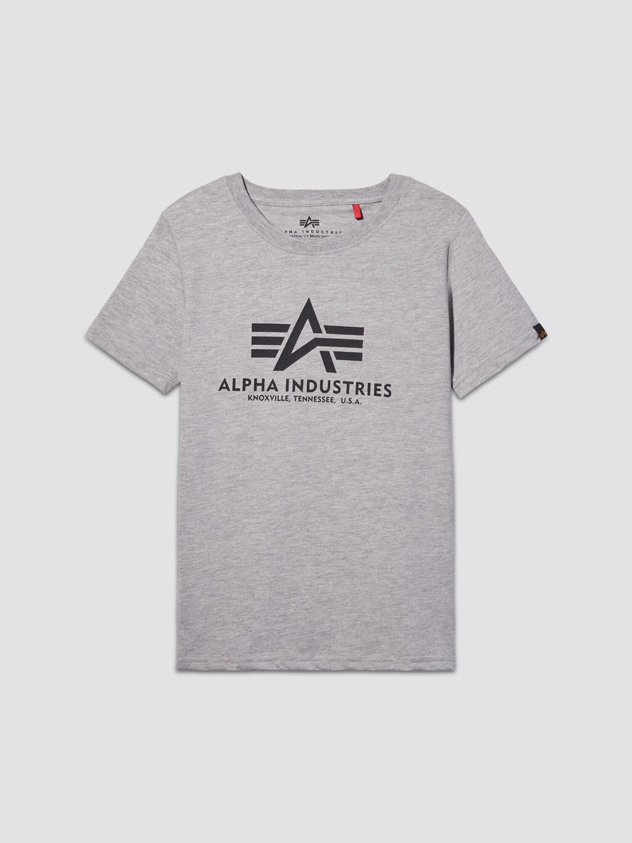 Youth Basic Tee by Alpha Industries, gray heather cotton short-sleeve shirt with Alpha Industries flag logo and Knoxville, Tennessee, U.S.A. printed in black on front.