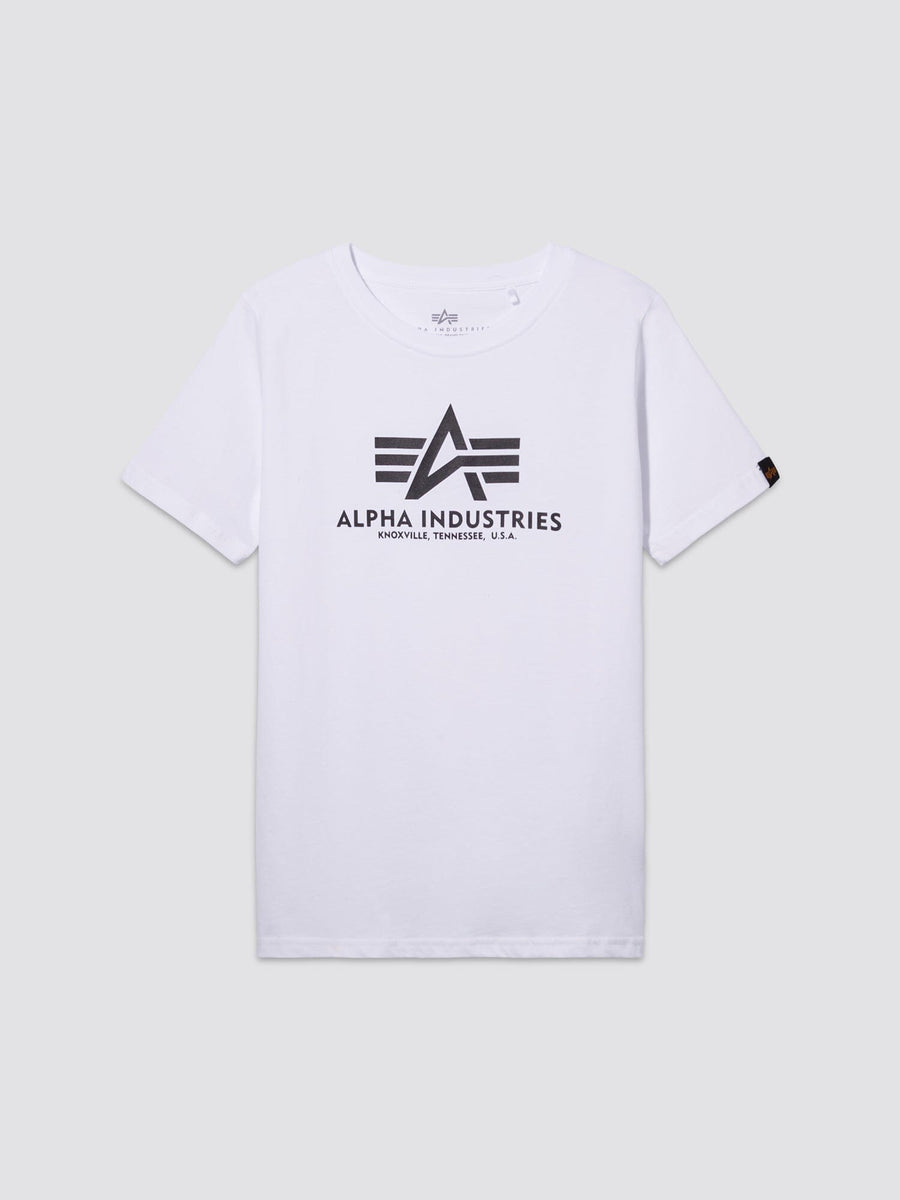 Youth Basic Tee by Alpha Industries, white short-sleeve cotton shirt with flag logo and Alpha Industries, Knoxville, Tennessee, U.S.A. in black on front.