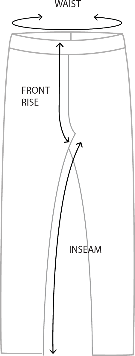 Pants laid flat with lines showing where waist, front rise and inseam are measured
