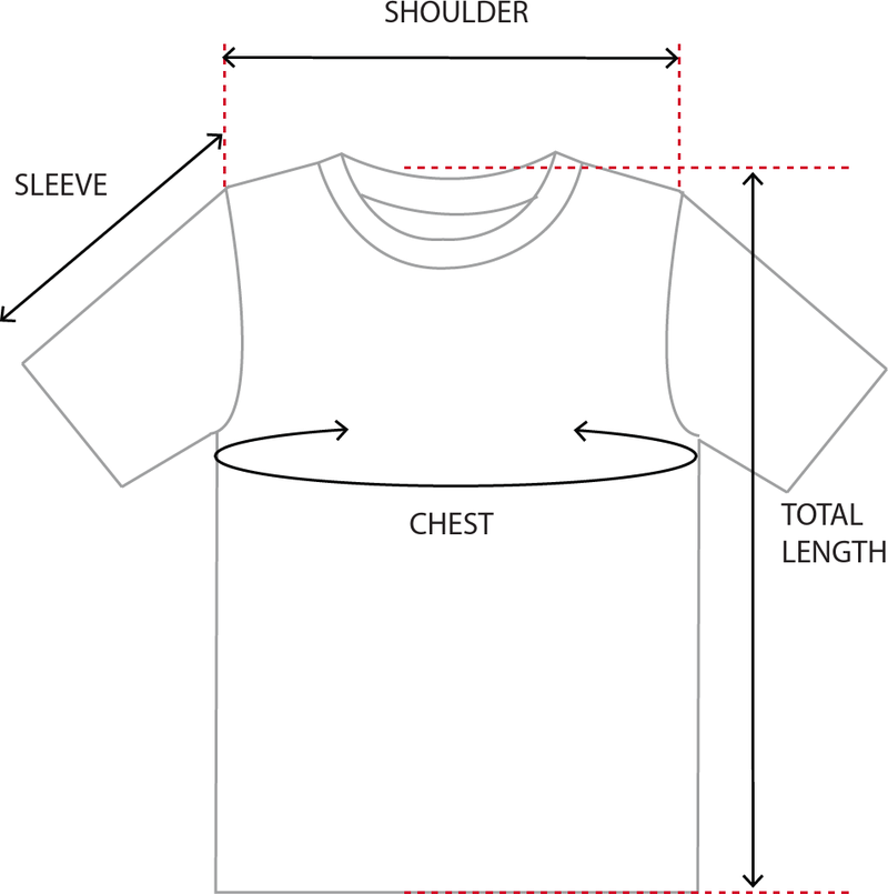 Knit top laid flat with lines showing where shoulder, sleeve, chest and total length are measured